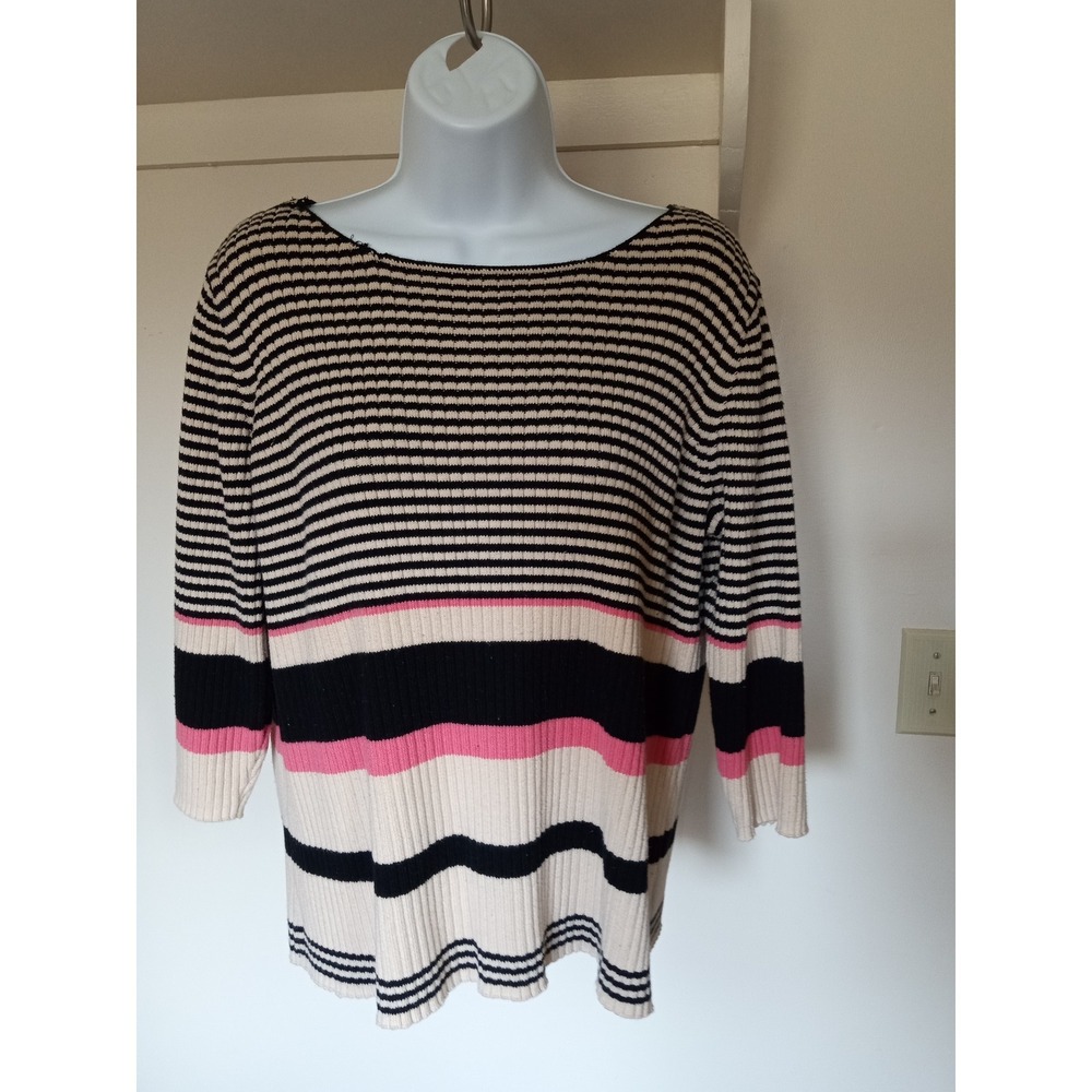 Villager Sport Woman Liz Claiborne Striped Knit Sweater Pink Black VLLU3067 J007